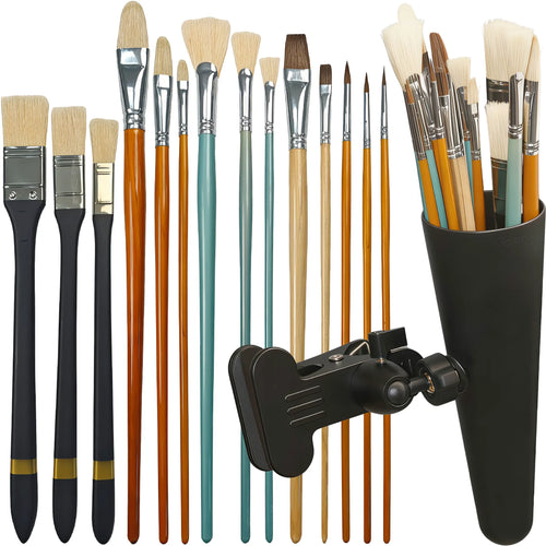 14 long-handle paint brushes displayed beside a black clamp-on brush holder