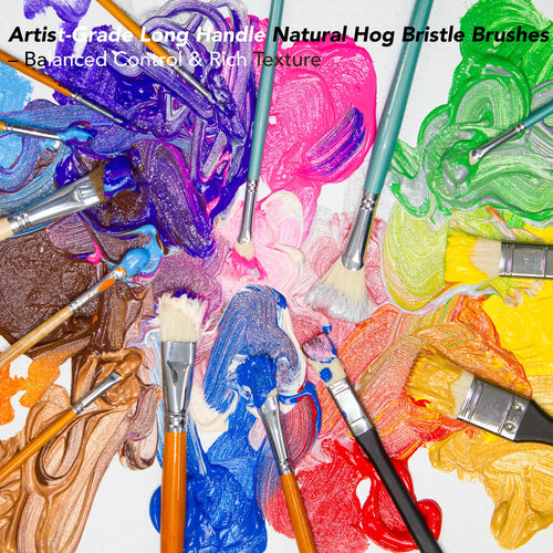 Paint brushes making textured strokes in brightly colored paint